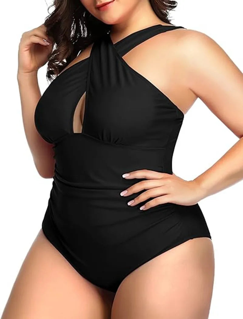 Summer Women One Piece Swimsuits Front Cross Tummy