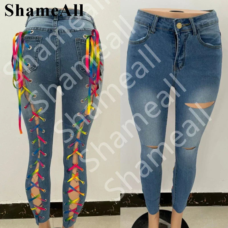 Sexy White Blue Hollow Out Denim Capris 4Xl