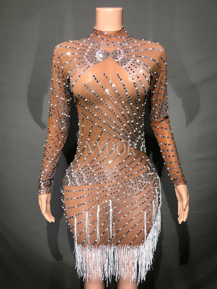 Sparkly Rhinestones Pearls White Fringe High Neck Mesh