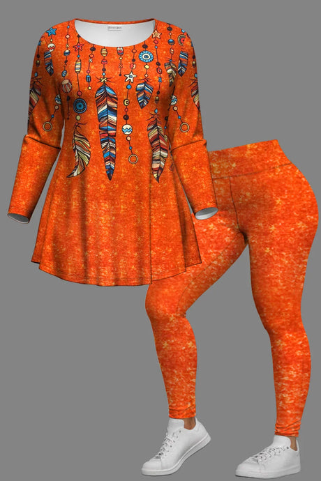 Women Feather Print Two-Piece Set Crew Neck Long