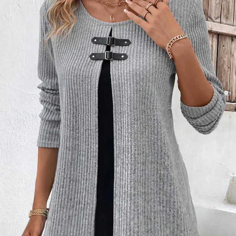 Woman Fake Two-Piece Long Sleeved Dress Fashionable In