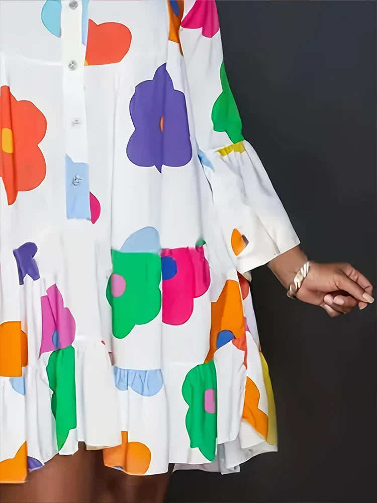 Autumn New Floral Printed Women' Dresses,Casual Loose Button