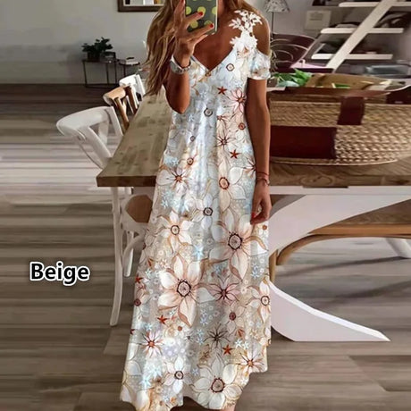 Women Floral Print Maxi Dress Boho Lace Sling