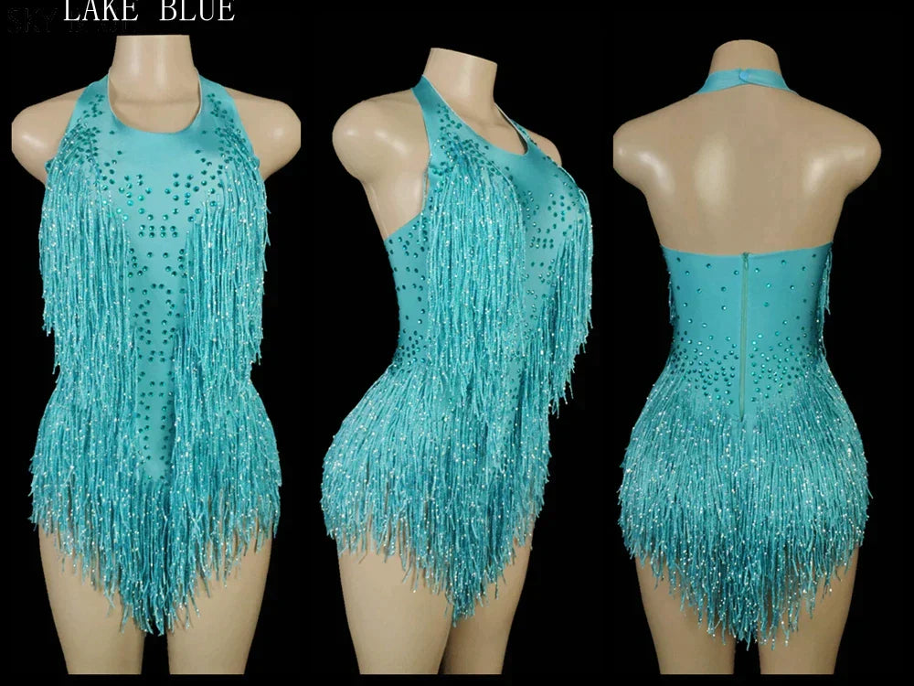 Sparkly Crystals Fringes Bodysuit Sexy Tassel Leotard Jazz