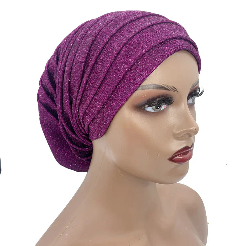 Glitter Pleated African Turban Cap Women' Head Wraps
