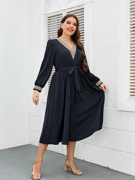 Women Dress V Neck Long Sleeves Robe Waist