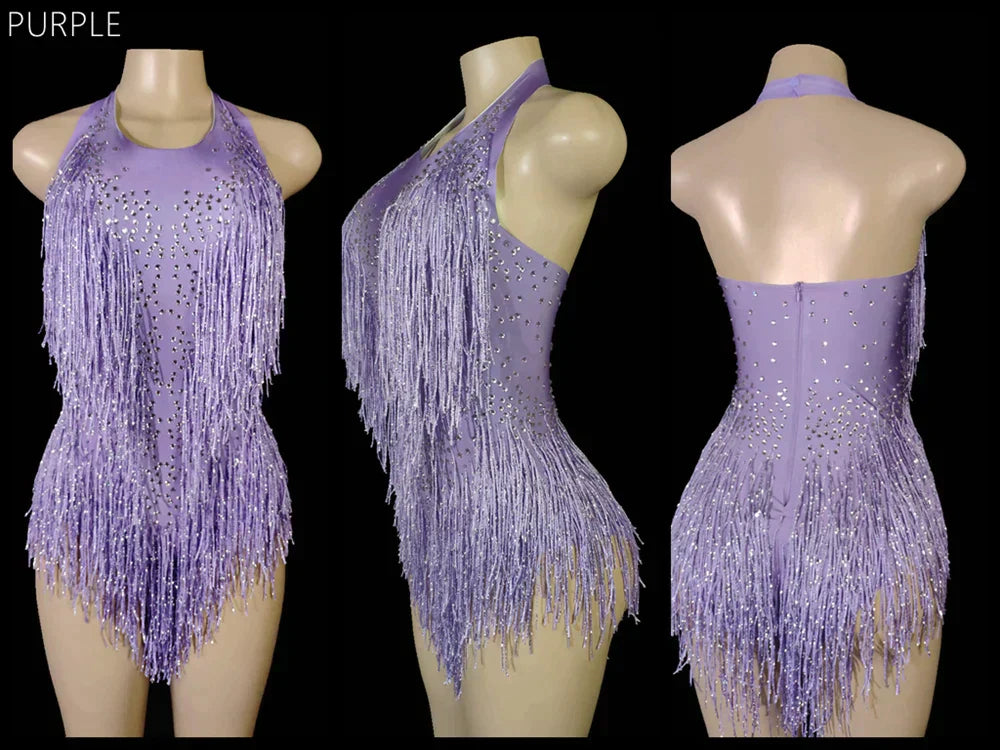 Sparkly Crystals Fringes Bodysuit Sexy Tassel Leotard Jazz