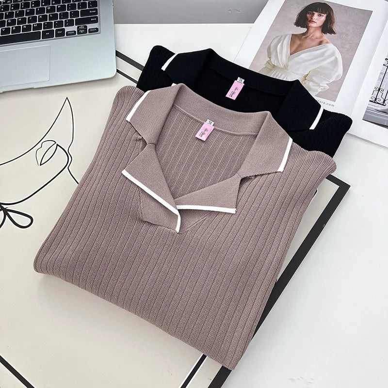 Stylish Lapel Block Color Sweaters Women Clothing Autumn