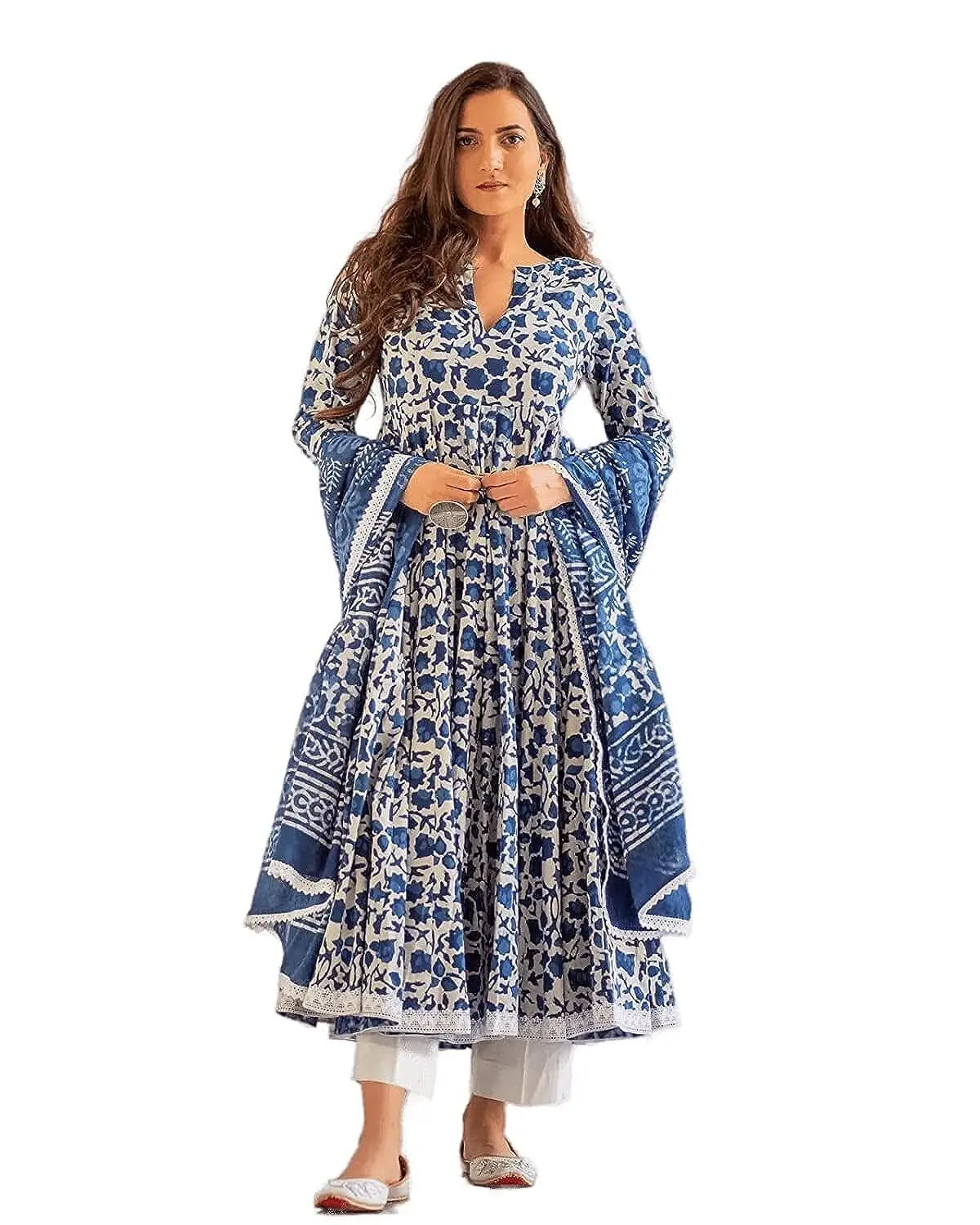 Women Cotton Printed Anarkali Kurta With Palazzo Dupatta