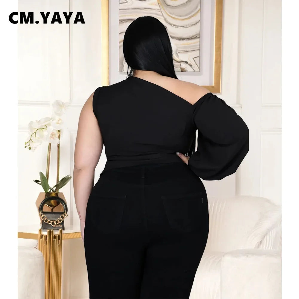 Yaya -5Xl One Shoulder Sleeve Skew Neck Blouses