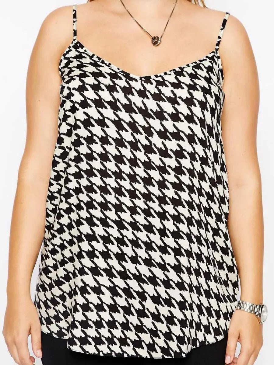 Sexy Houndstooth Print Cami Tops Women Loose Black