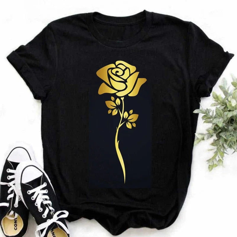 Maycaur New Fashion Gold Rose Print Women T