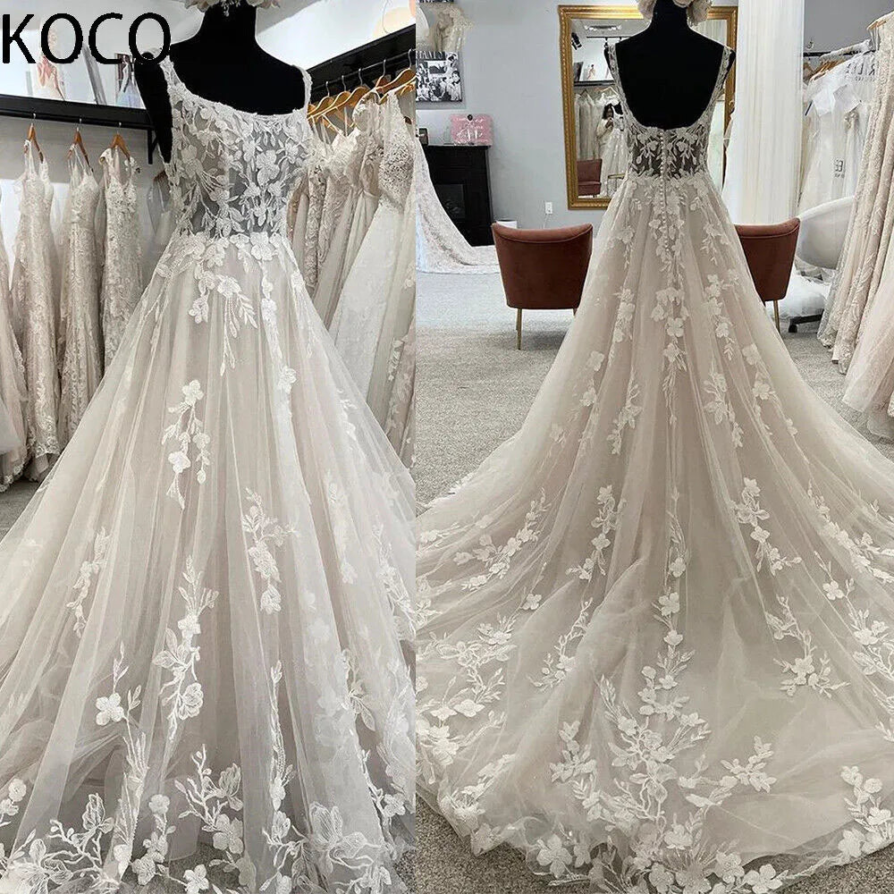 Square Neck Lace Beach Wedding Dress 2023
