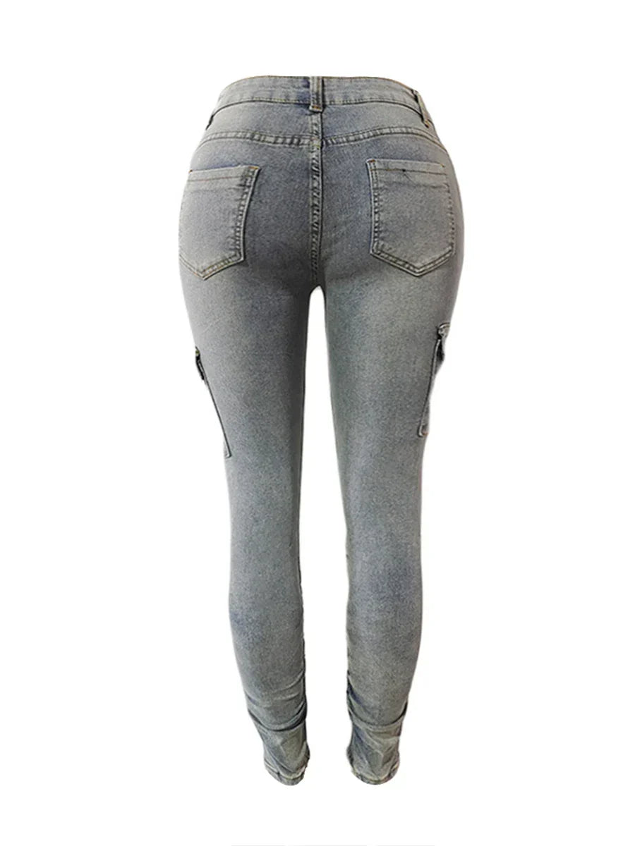 High Waist Side Flap Pocket Cargo Jeans