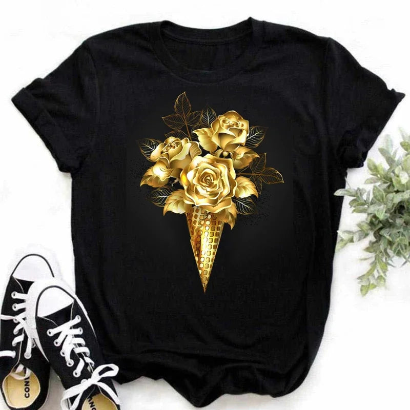 Maycaur New Fashion Gold Rose Print Women T