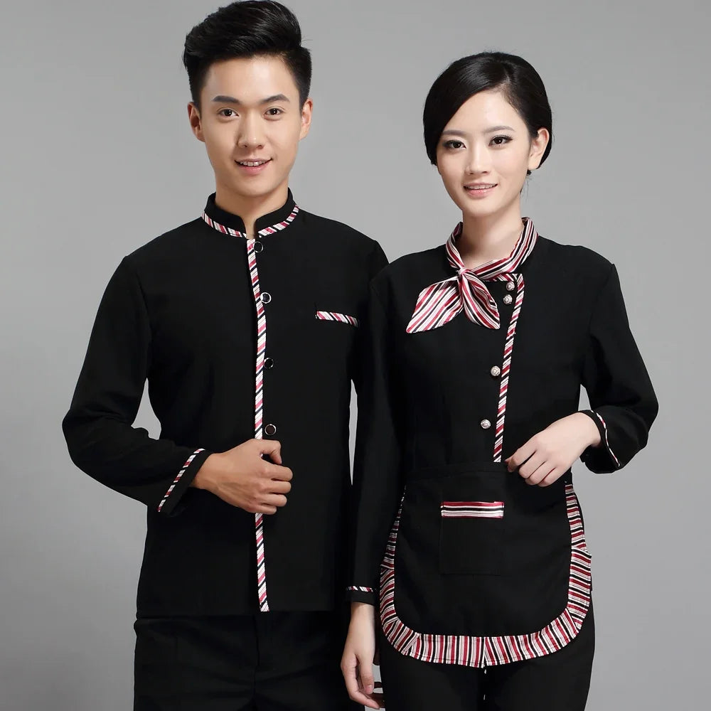 Long Sleeve Hotel Waiter Uniform Female Restaurant Top+Apron