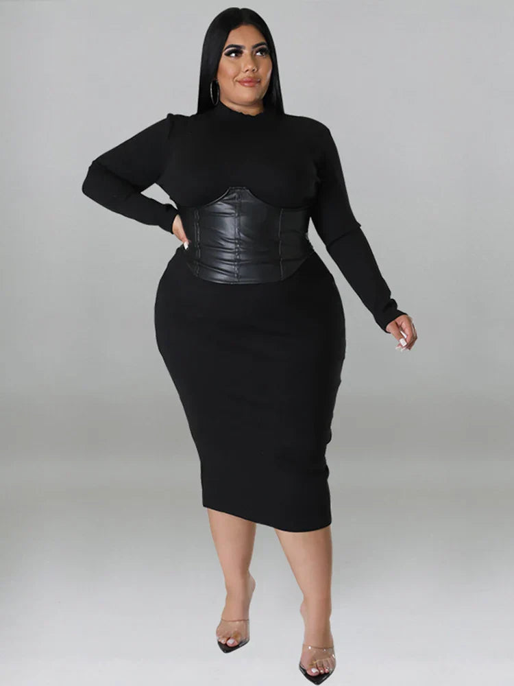 Zipper Dress Tight Ladies Mid Length Leather Woman