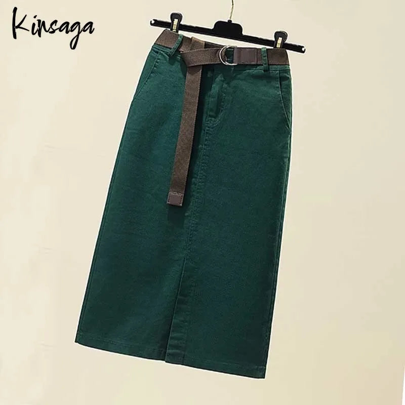 Slim High Waist Front Slit Midi Straight Skirts
