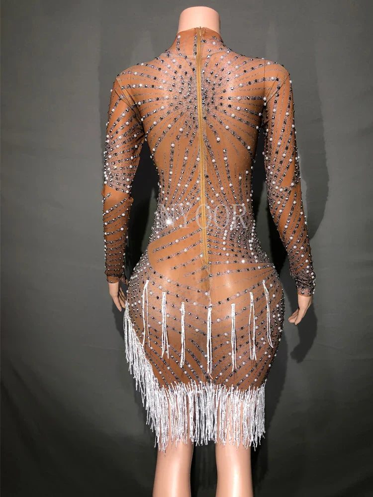 Sparkly Rhinestones Pearls White Fringe High Neck Mesh