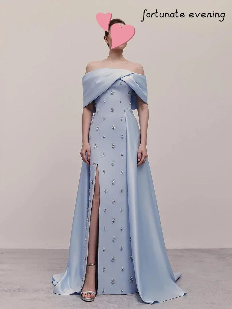 Fortunate Evening Elegant Vintage Sky-Blue Crystal Beaded Ruffle