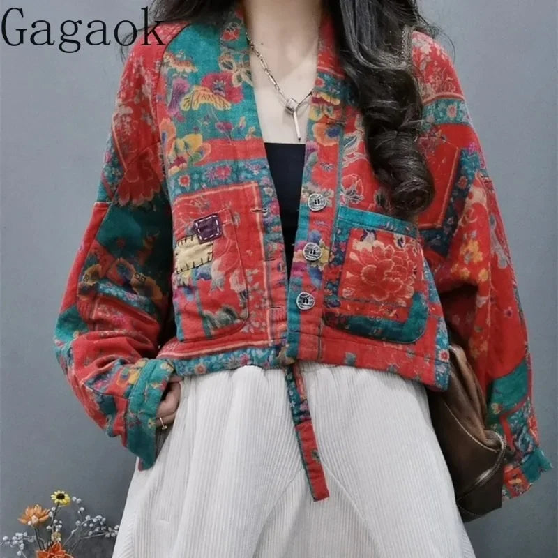 Gagaok Original Ethnic Floral Colored Parkas Autumn Winter