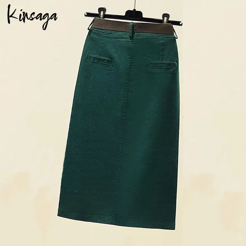 Slim High Waist Front Slit Midi Straight Skirts