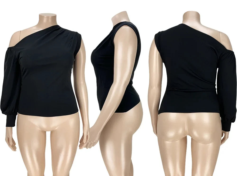Yaya -5Xl One Shoulder Sleeve Skew Neck Blouses