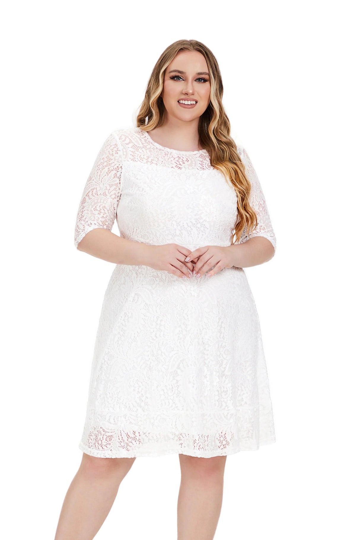 Contrast Lace Semi Sheer / Sleeve Midi Dress,