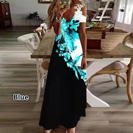 Women Floral Print Maxi Dress Boho Lace Sling
