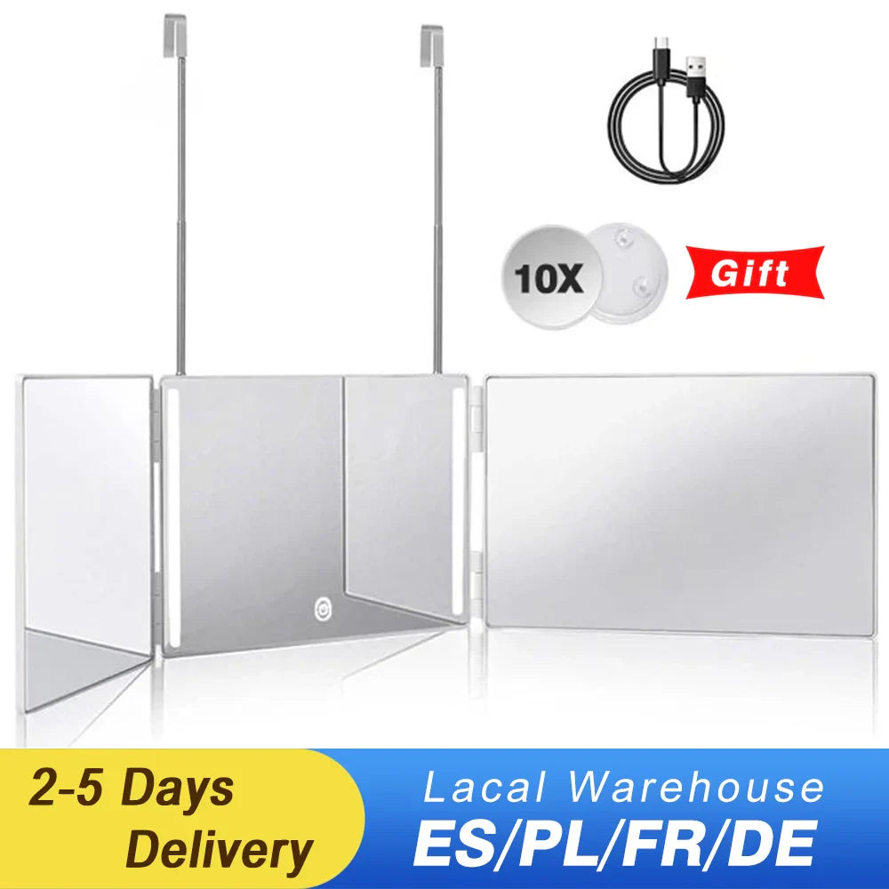 360° LED Trifold Self Haircut Mirror, Adjustable & Rechargeable