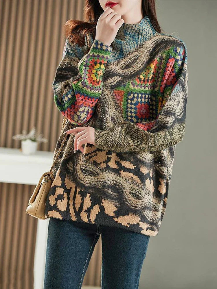 Winter Fashion Knitwear Women Luxury Loose Printed Diamond