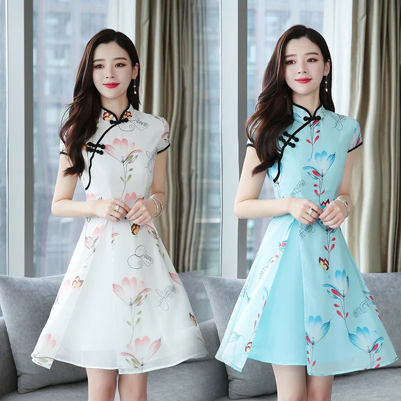 Summer New Modern Improved Cheongsam Chiffon Printing Vintage