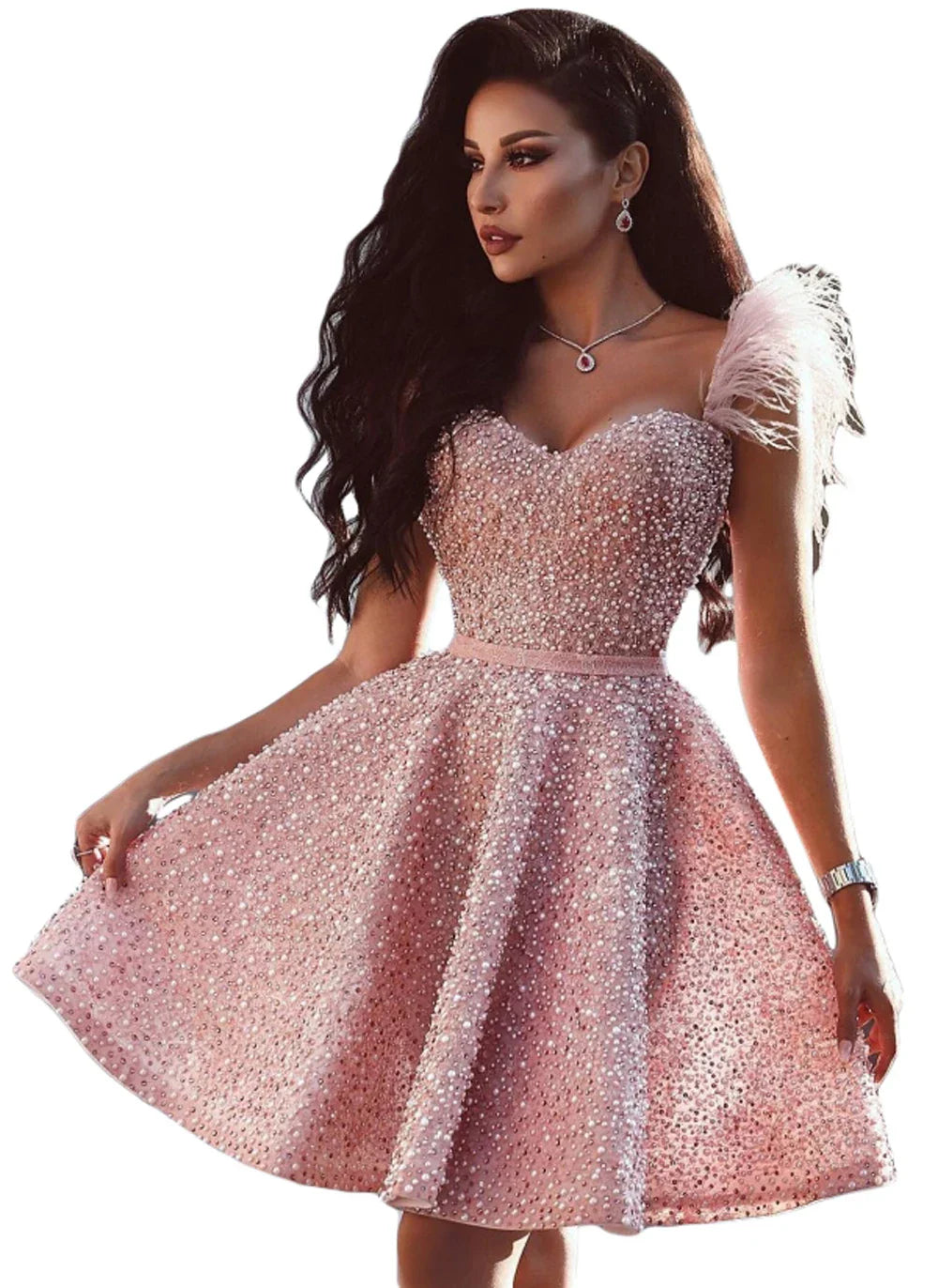 Luxury Pink Beaded Evening Dresses For Women Sweetheart