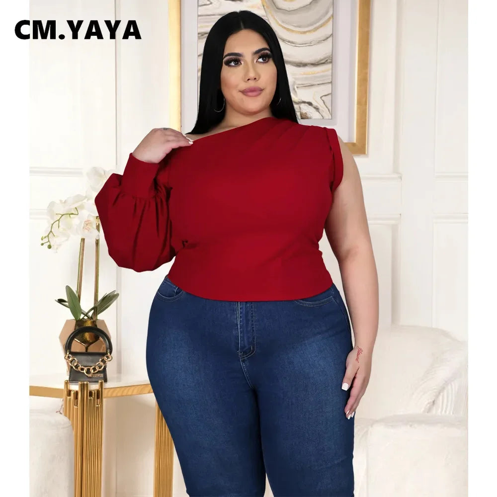 Yaya -5Xl One Shoulder Sleeve Skew Neck Blouses