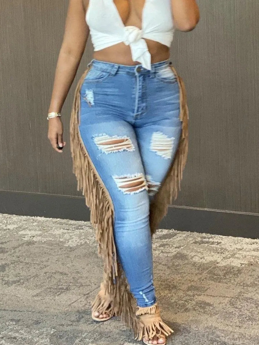 Lw Summer Jeans Tassel Design Ripped Jeans Skinny