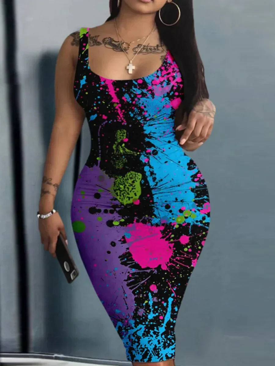 Lw Splash Ink Bodycon Cami Dress U Neck