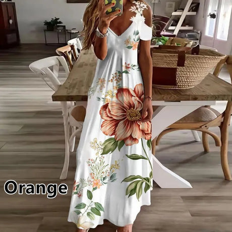 Women Floral Print Maxi Dress Boho Lace Sling