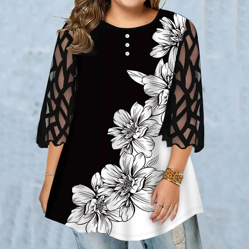 Plus Size Floral Mesh Tunic Top for Women