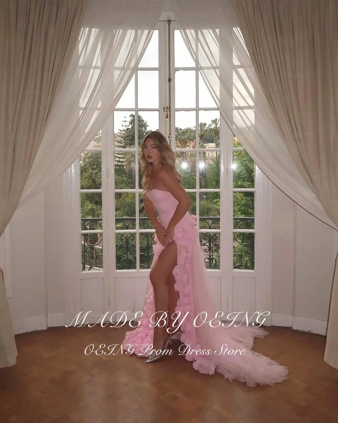 Oeing Elegant Baby Pink Evening Dress Floor Length