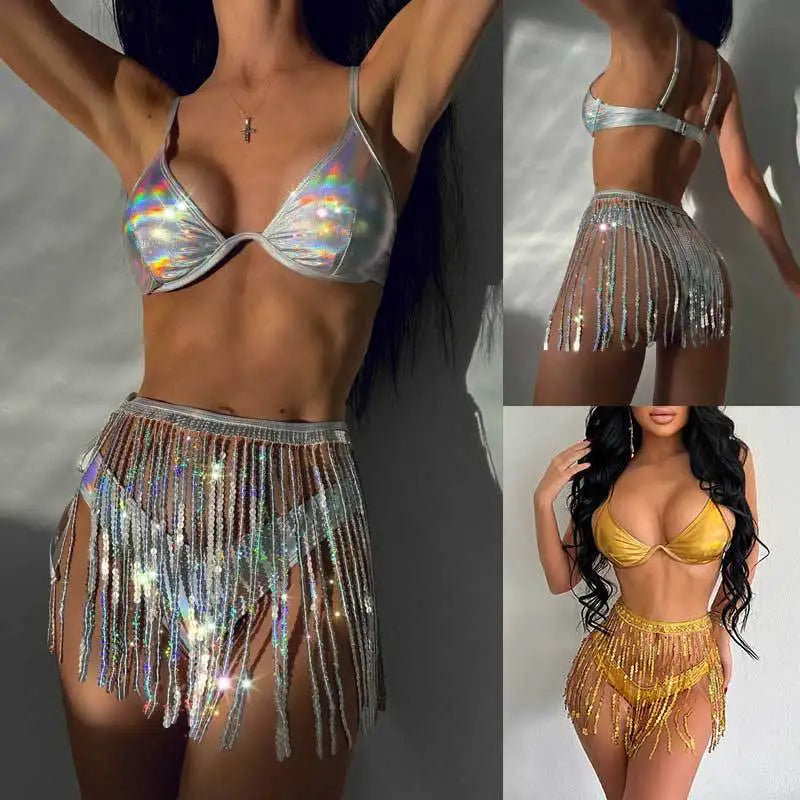 European American Three Point Swimsuit Sequin Tassel Skirt