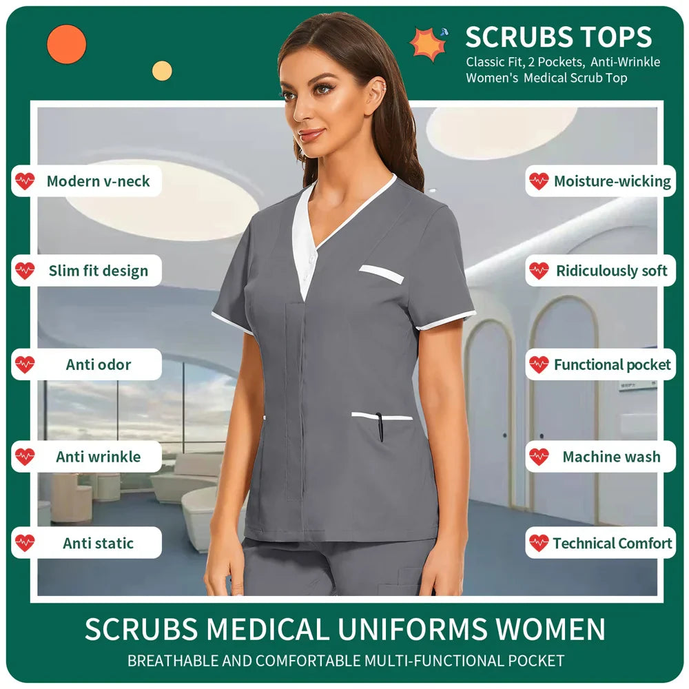Nursing Scrubs Uniform Women Medical Tops Short Sleeve
