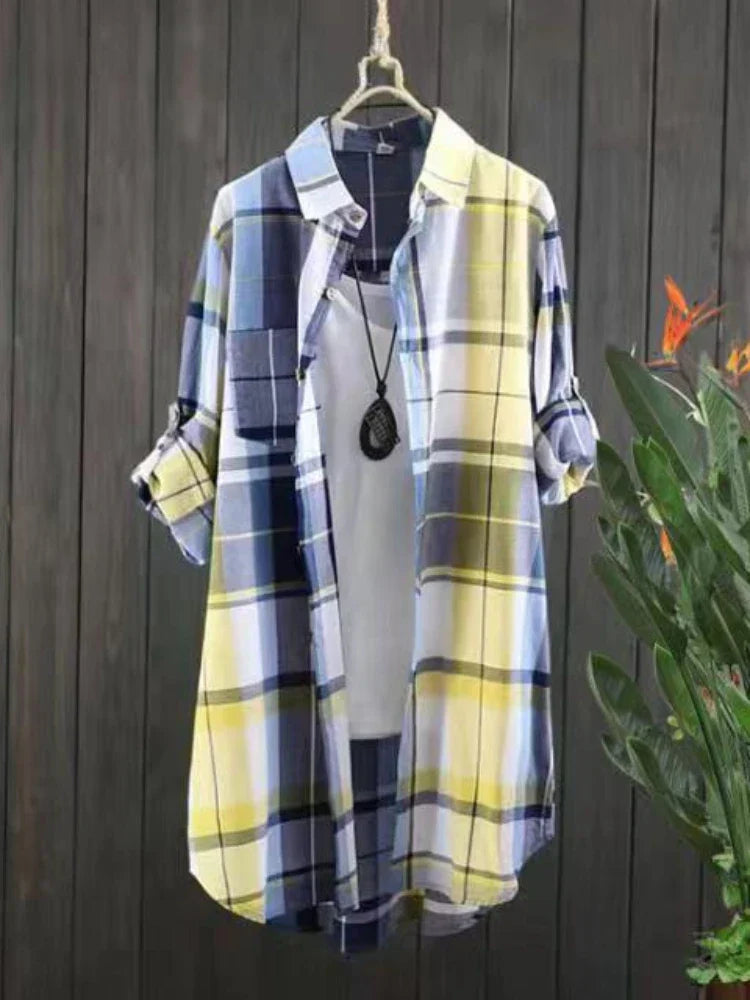 Cotton Mid Length Plaid Print Women Autumn Shirts