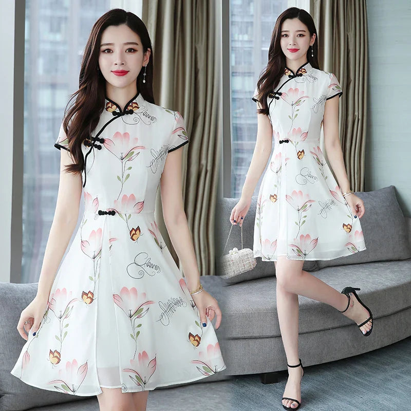 Summer New Modern Improved Cheongsam Chiffon Printing Vintage