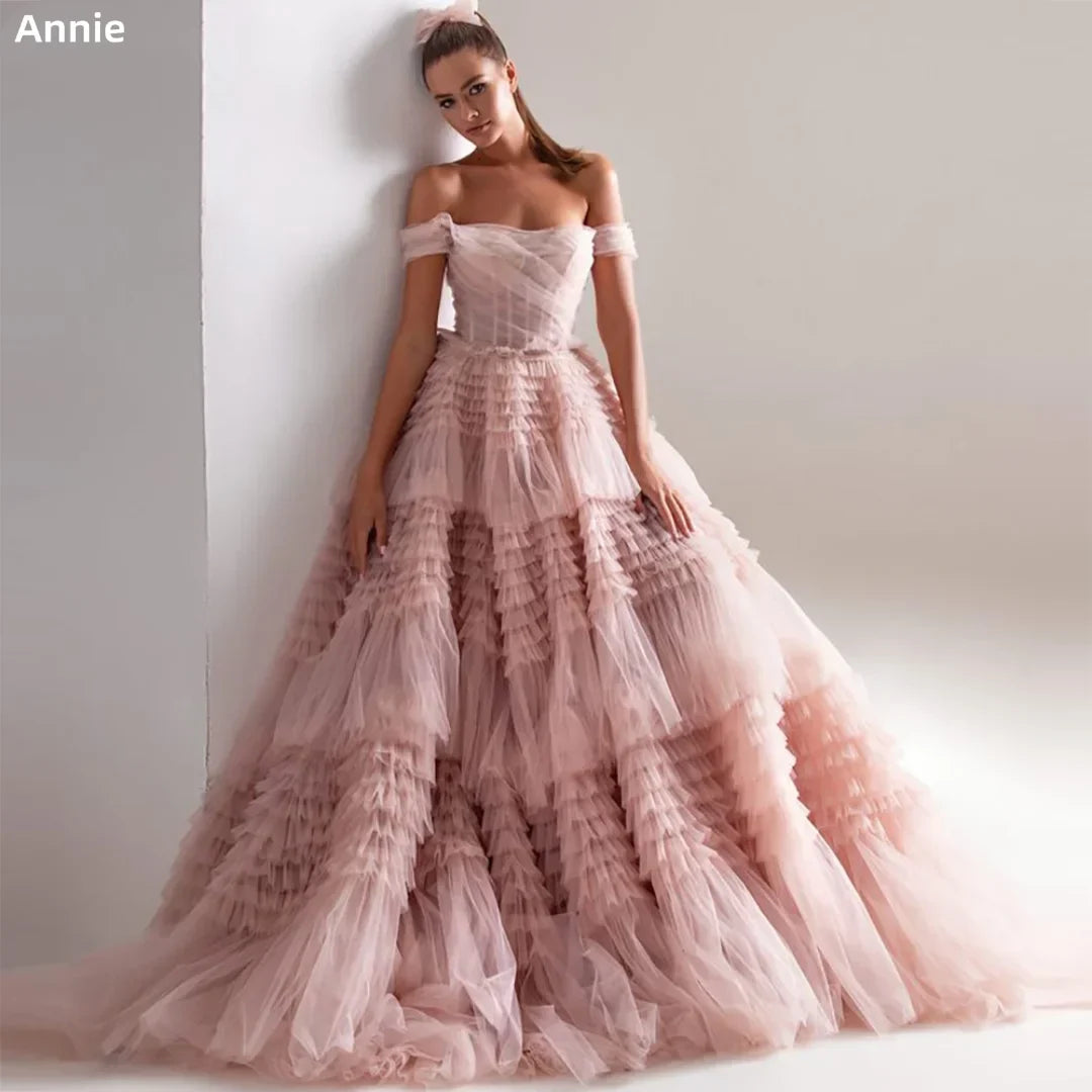 Off-the-Shoulder Layered A-Line Prom Dress - Pink Tulle Ruffles 2024