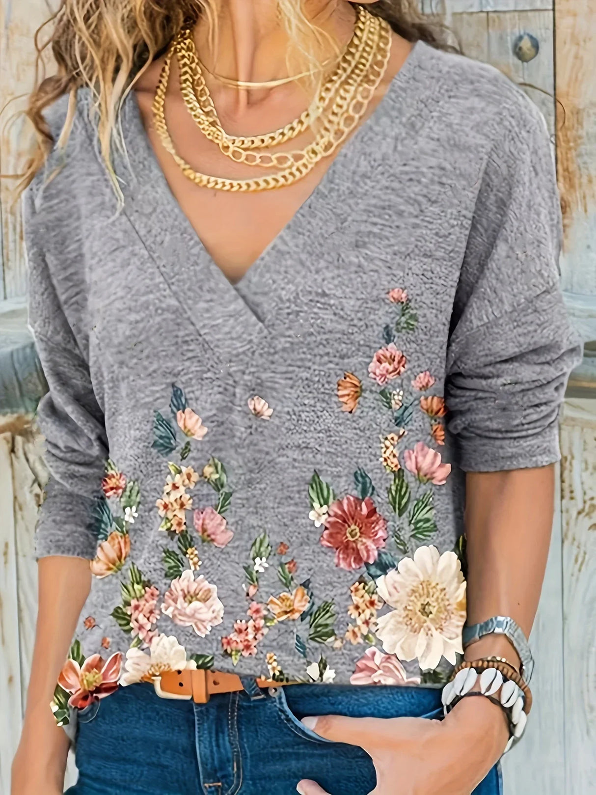 Women Long Sleeve V-Neck Flower Print Casual Loose