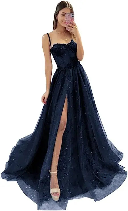 Shiny Tulle Evening Dress Sexy Black V-Neck Strapllace
