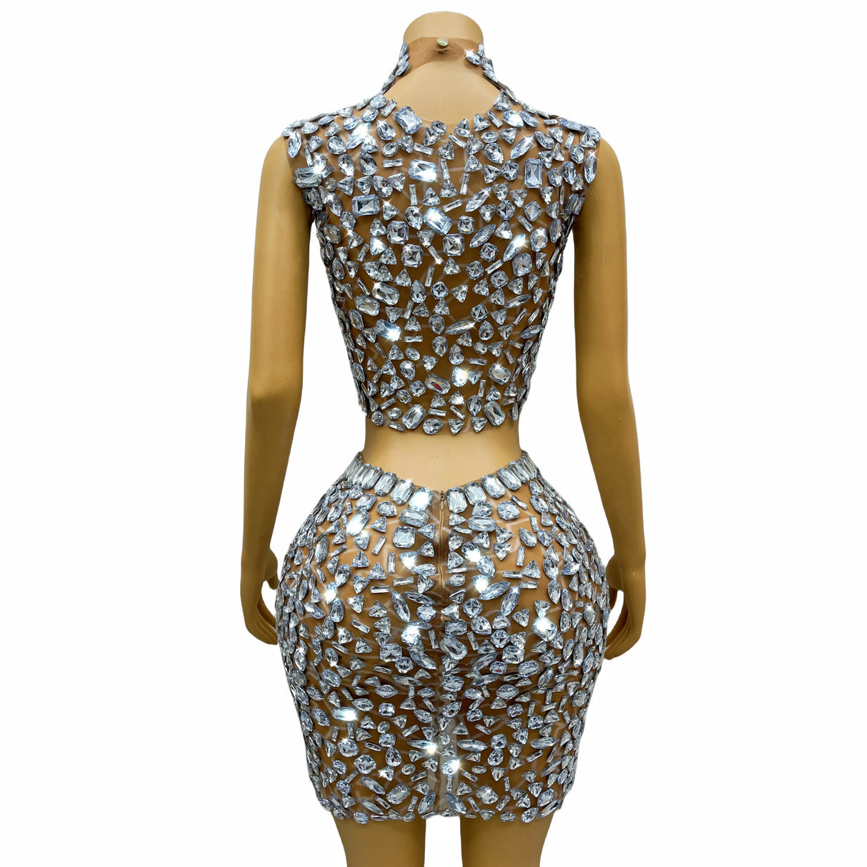 Silver Big Rhinestones Shining Top Skirt Set Sexy