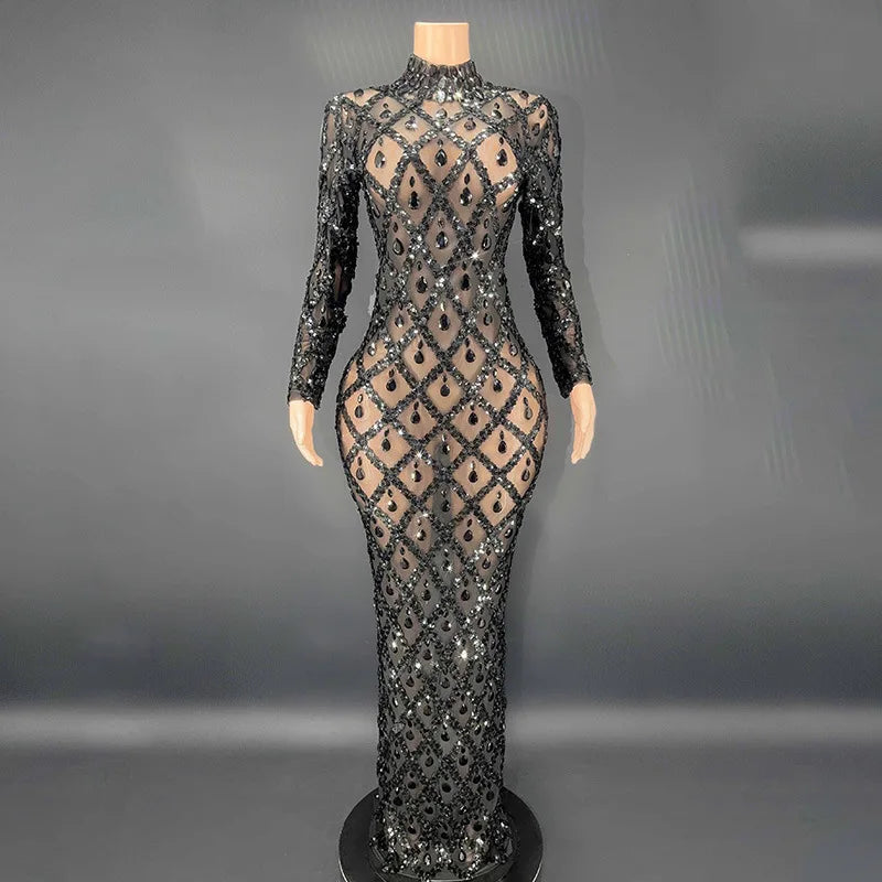 Sparkly Silver Big Rhinestone Transparent Long Dress Evening