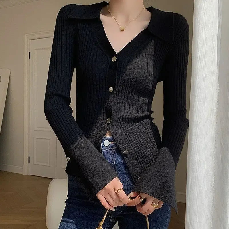 Vintage Luxury Knitted Cardigan Long Sleeve Tops Slim
