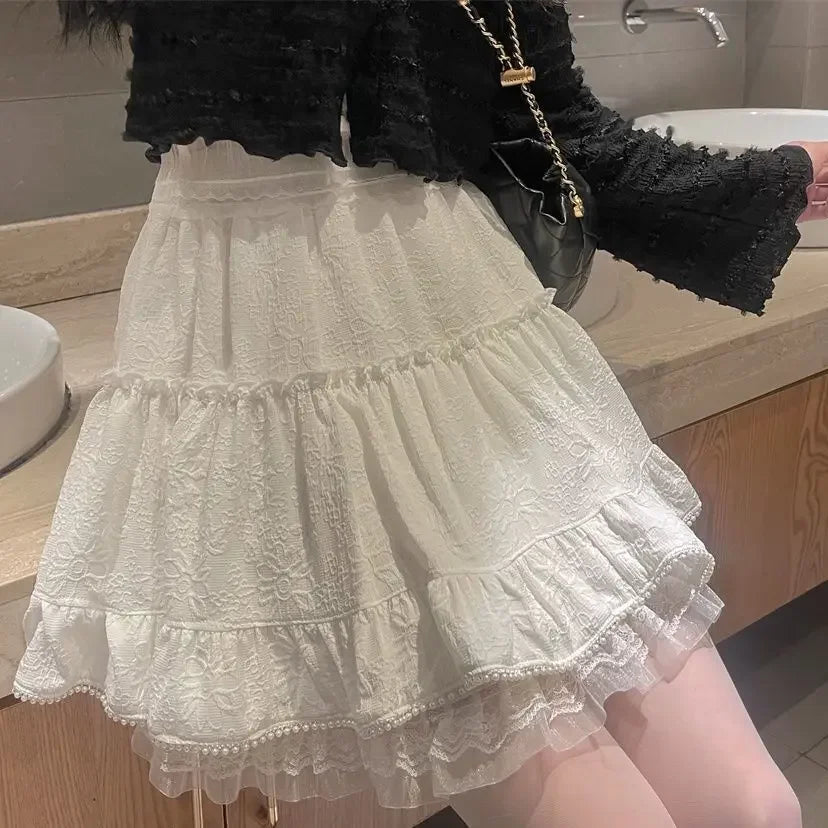 White Lace Mini Skirt For Women Girl Kawaii